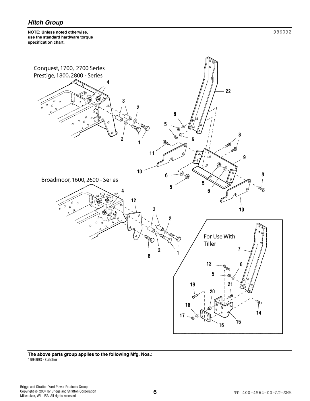 Snapper 4564 manual Hitch Group, 986032, NOTE Unless noted otherwise, Briggs and Stratton Yard Power Products Group 