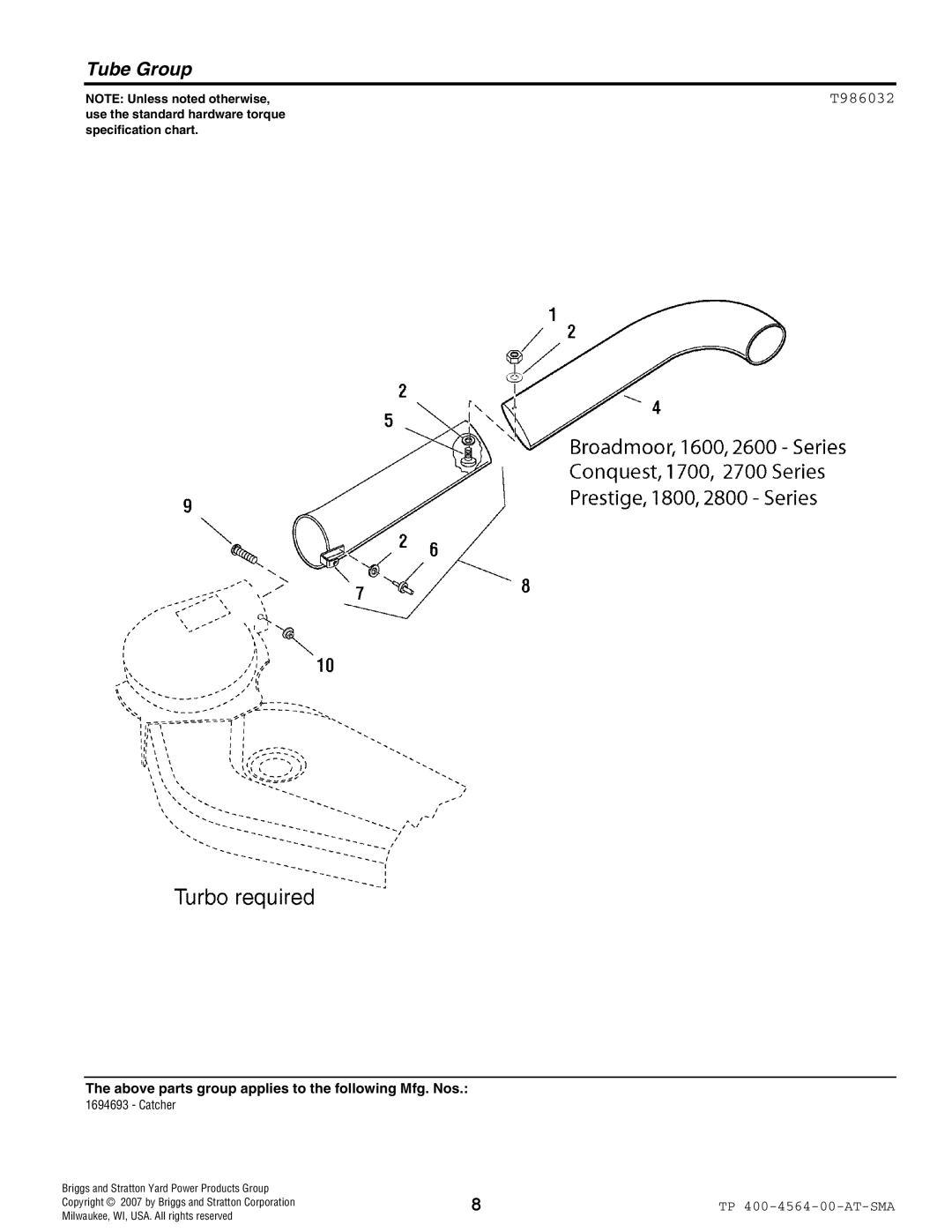 Snapper 4564 manual Tube Group, T986032, NOTE Unless noted otherwise, Briggs and Stratton Yard Power Products Group 