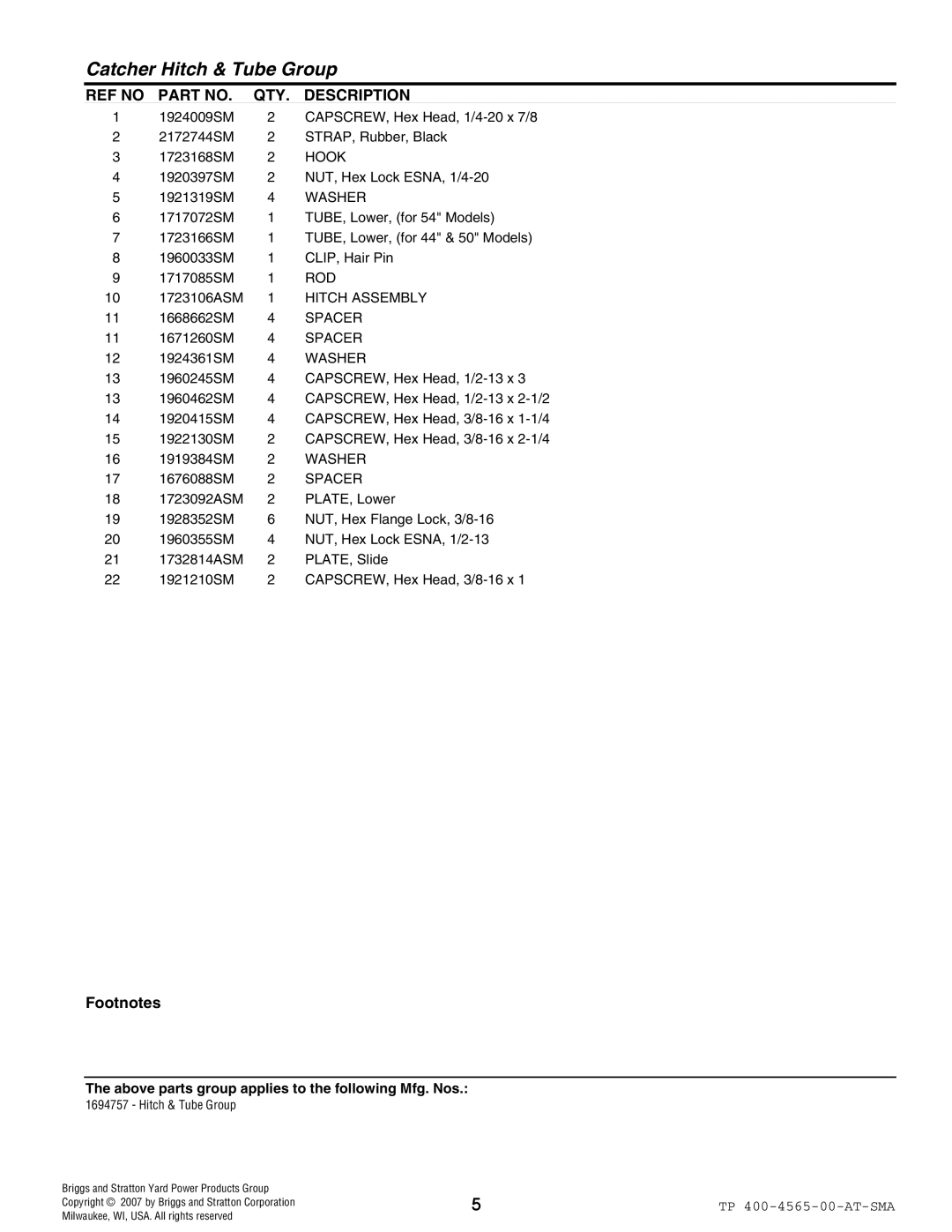 Snapper 4565 manual Hook, Washer, Rod, Hitch Assembly, Spacer 