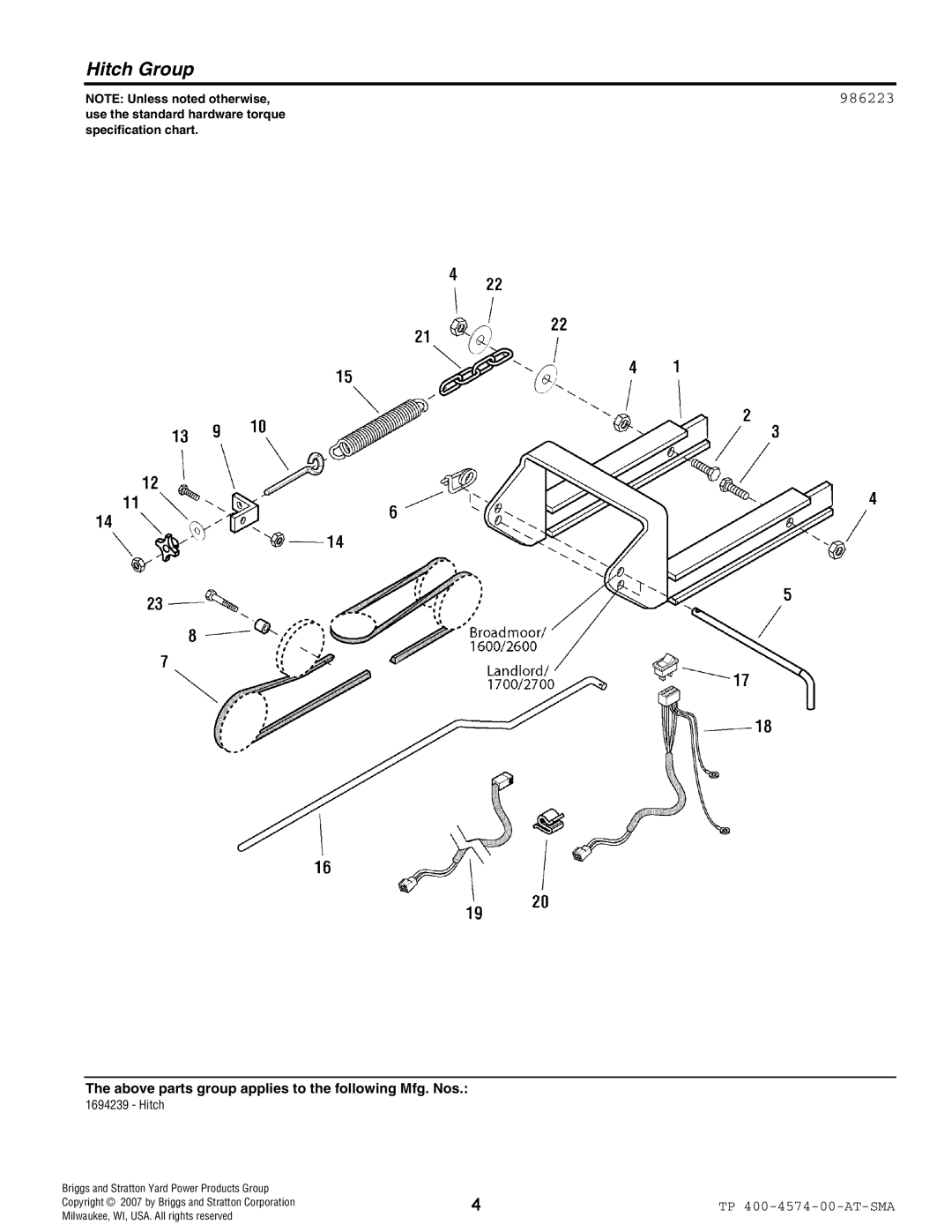 Snapper 4574 manual Hitch Group, 986223, NOTE Unless noted otherwise, Briggs and Stratton Yard Power Products Group 