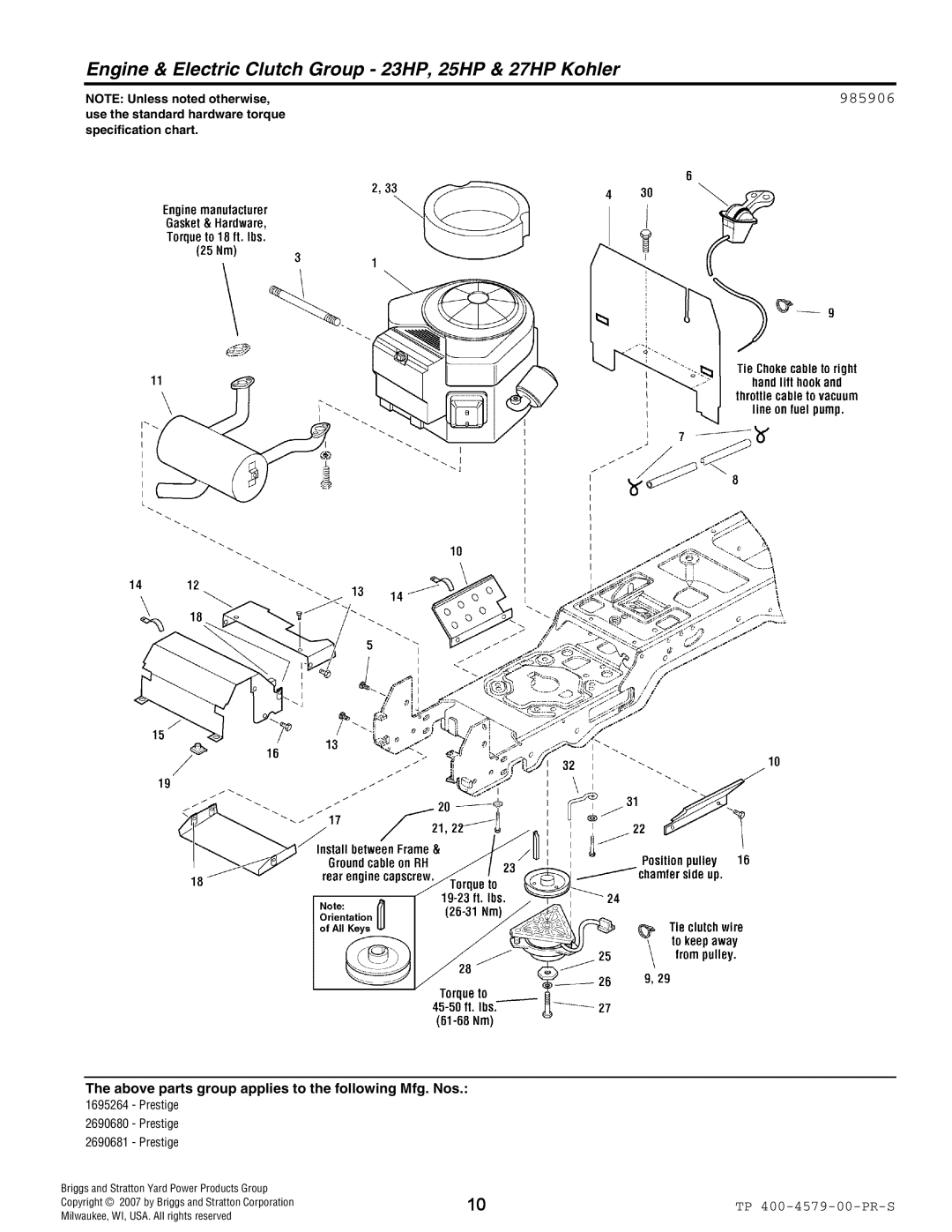 Snapper 4579 manual Engine & Electric Clutch Group 23HP, 25HP & 27HP Kohler, 985906 