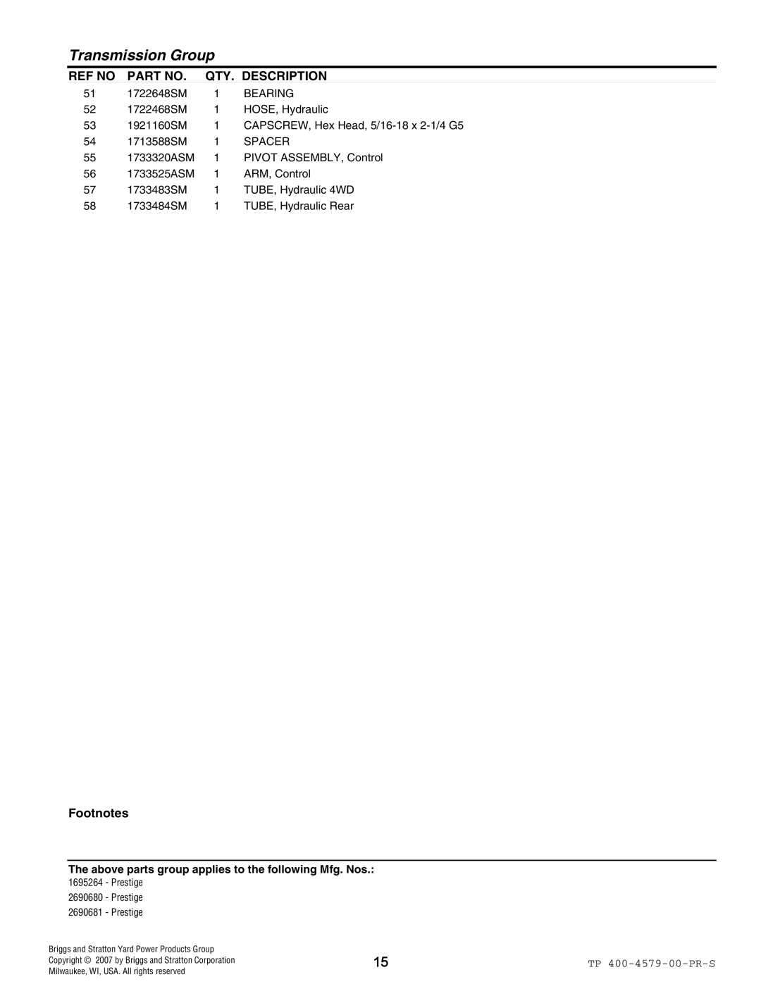 Snapper 4579 manual Bearing 