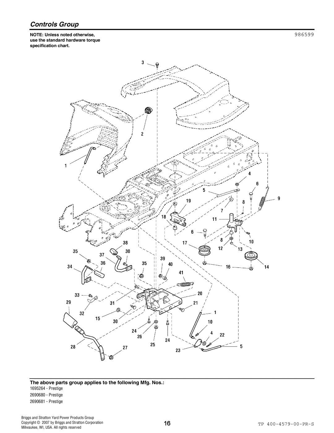 Snapper 4579 manual Controls Group, 986599 