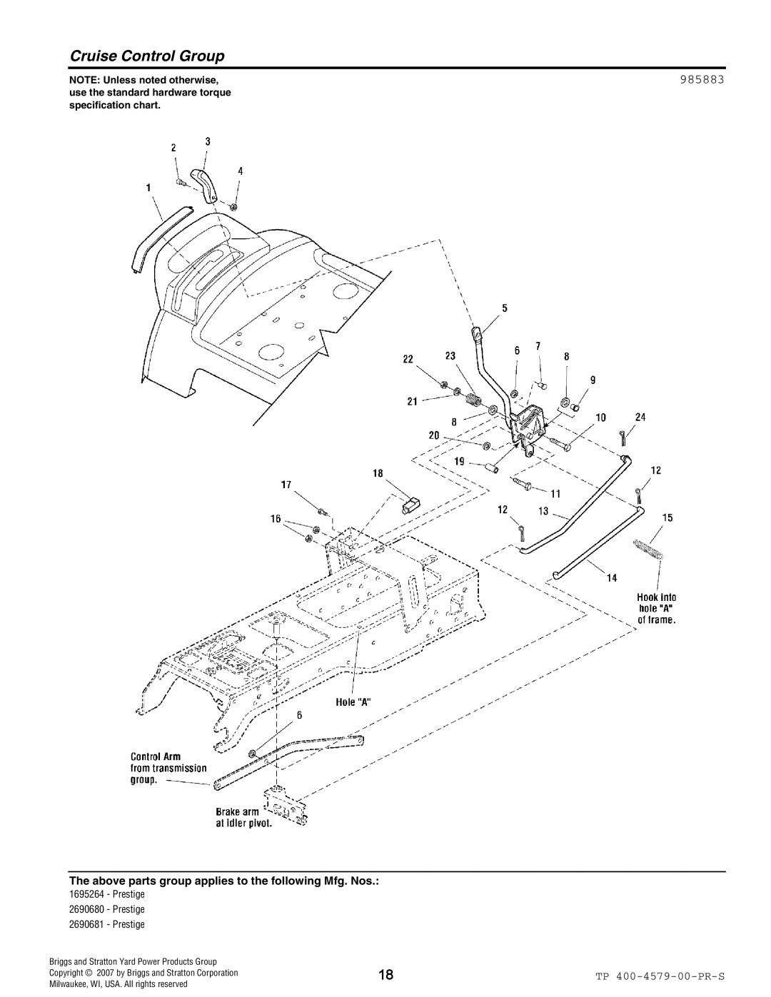 Snapper 4579 manual Cruise Control Group, 985883 