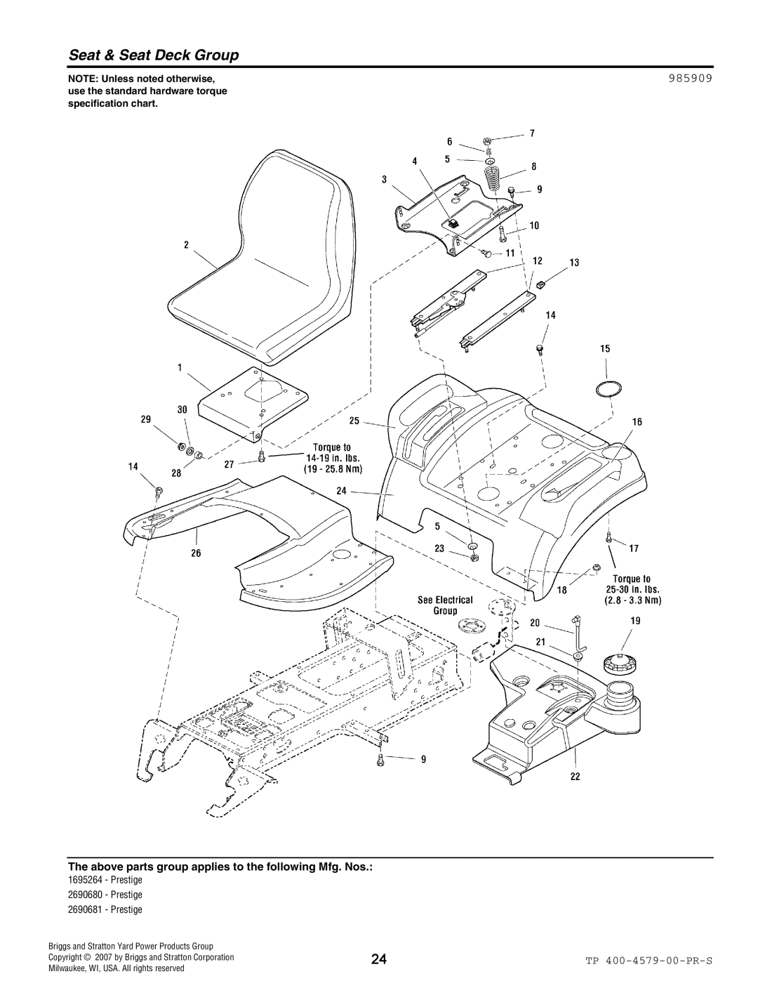 Snapper 4579 manual Seat & Seat Deck Group, 985909 