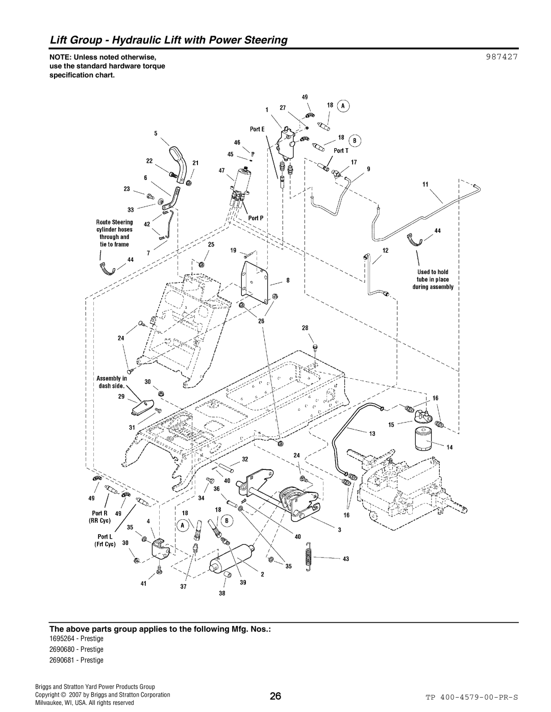 Snapper 4579 manual Lift Group Hydraulic Lift with Power Steering, 987427 