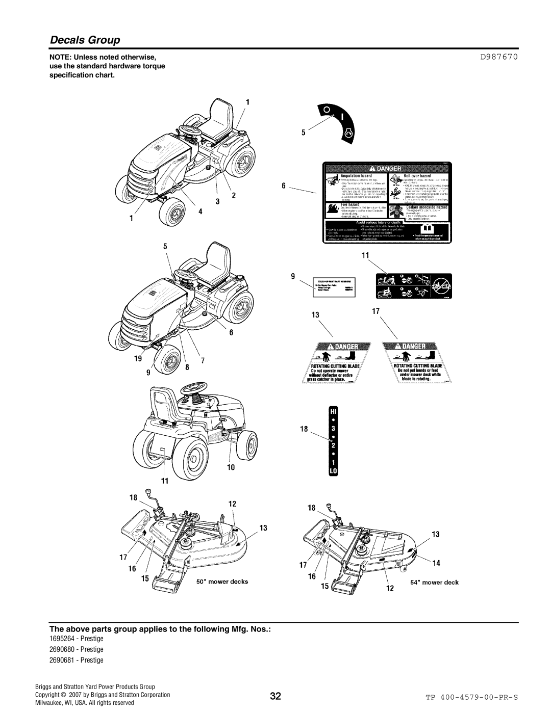 Snapper 4579 manual Decals Group, D987670 