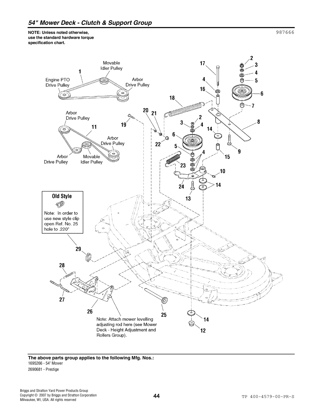 Snapper 4579 manual Mower Deck Clutch & Support Group, 987666 