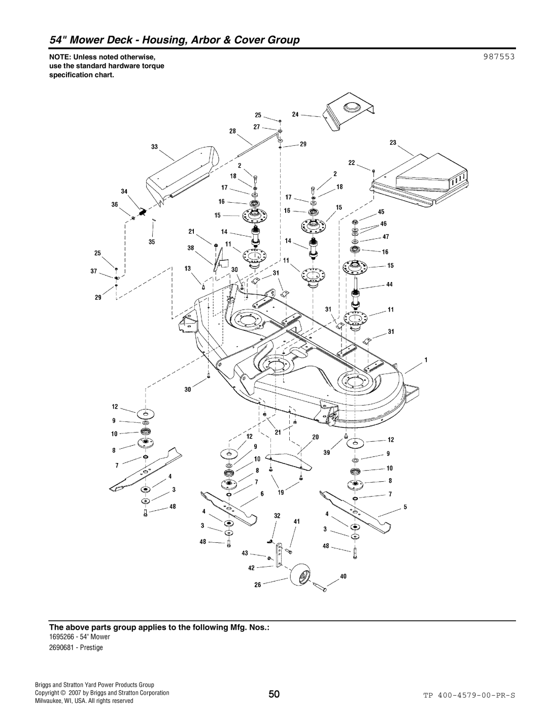 Snapper 4579 manual Mower Deck Housing, Arbor & Cover Group, 987553 