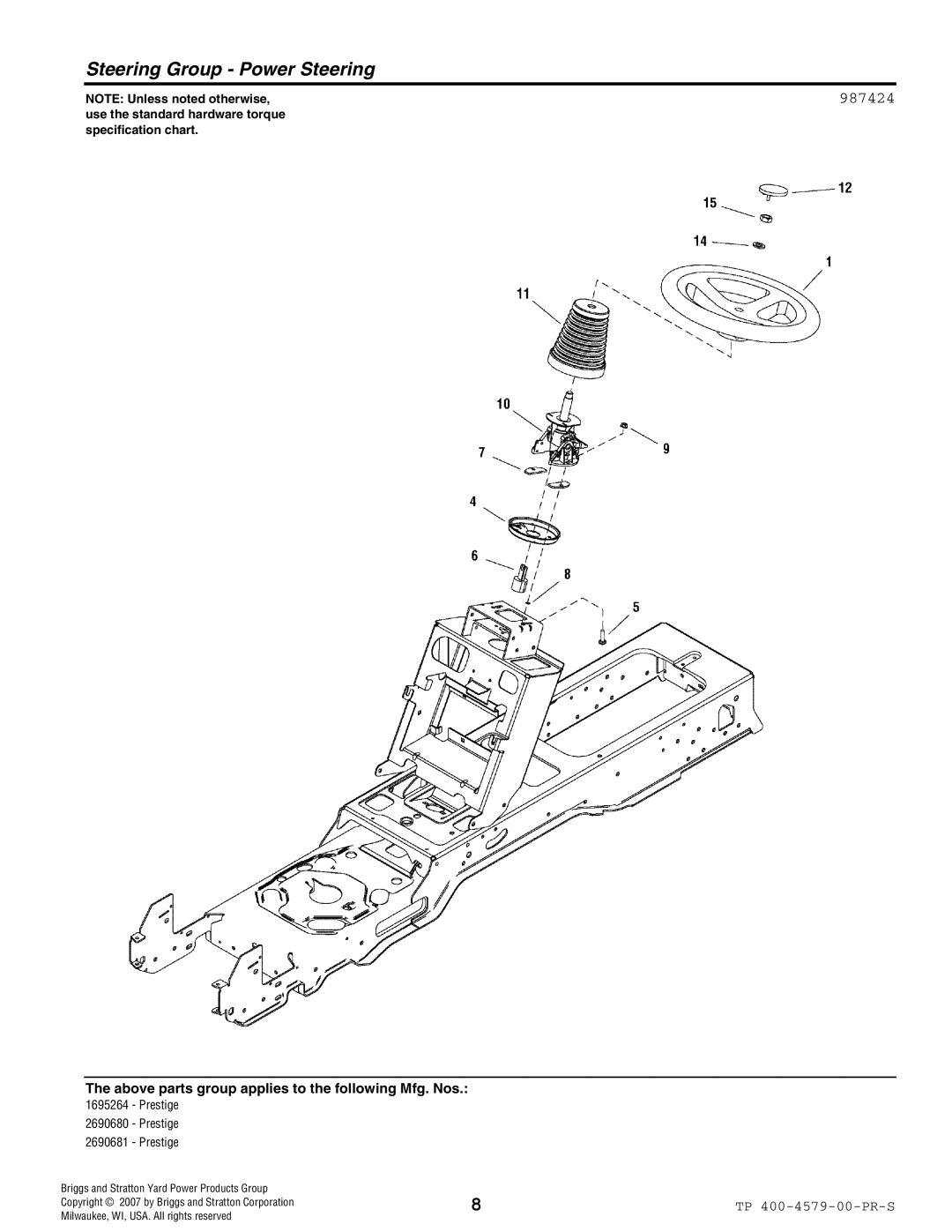 Snapper 4579 manual Steering Group Power Steering, 987424 