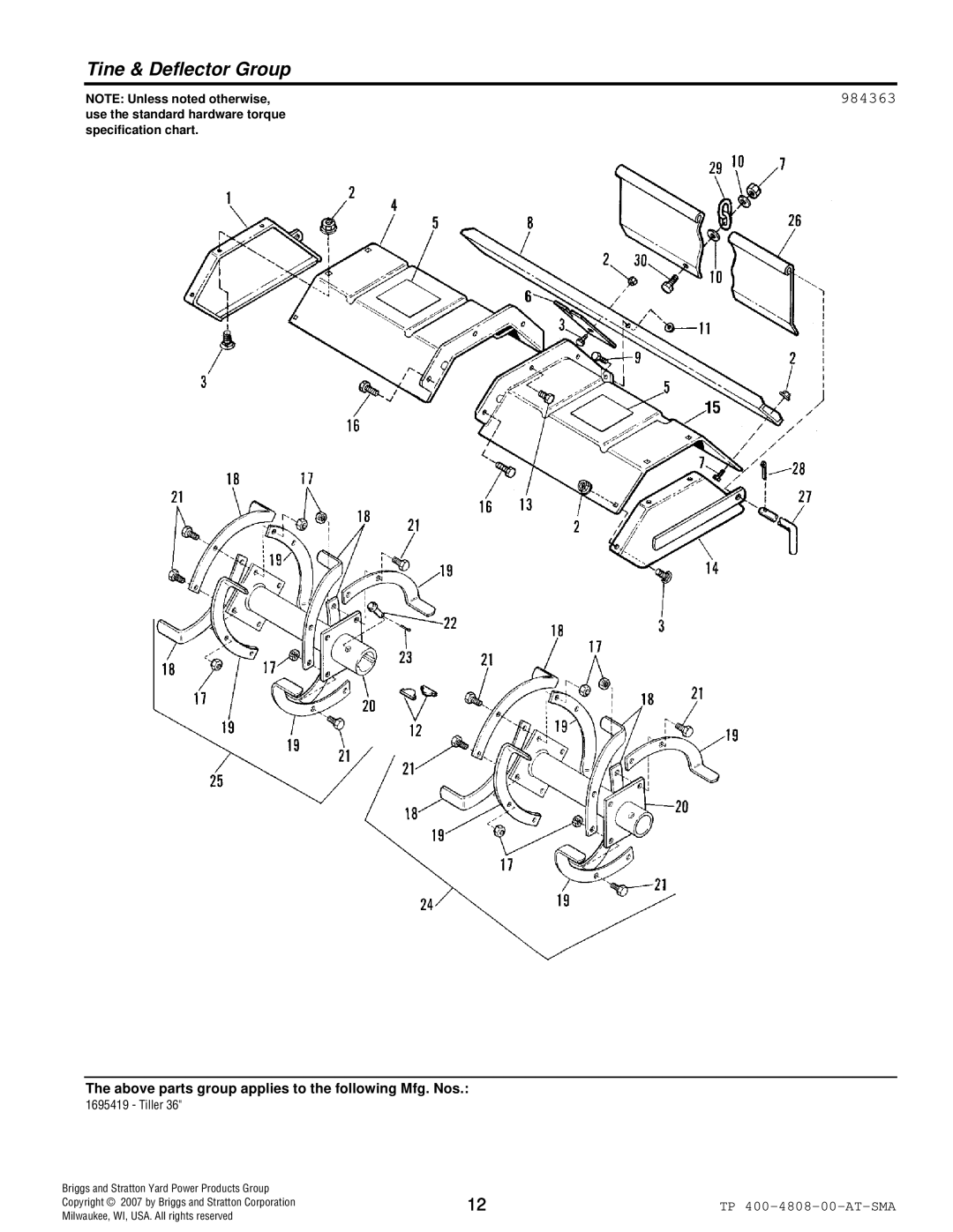 Snapper 4808 Tine & Deflector Group, 984363, NOTE Unless noted otherwise, Briggs and Stratton Yard Power Products Group 
