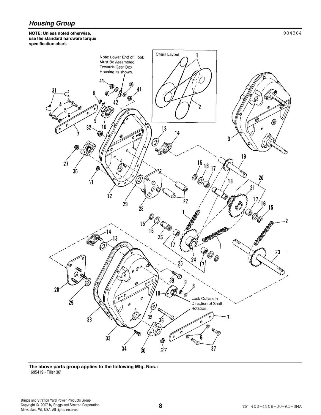 Snapper 4808 manual Housing Group, 984364, NOTE: Unless noted otherwise, Briggs and Stratton Yard Power Products Group 