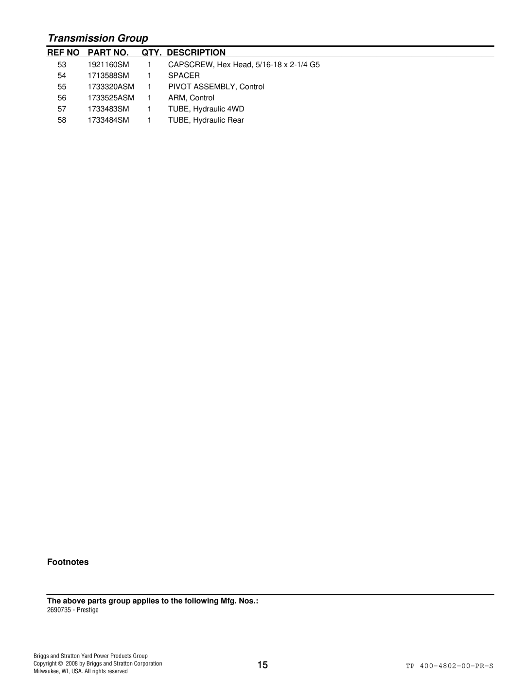 Snapper 4WD Series manual 1921160SM CAPSCREW, Hex Head, 5/16-18 x 2-1/4 G5 1713588SM 