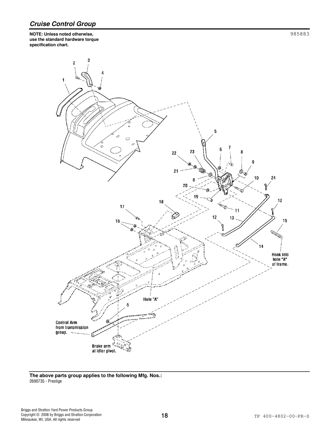 Snapper 4WD Series manual Cruise Control Group, 985883 