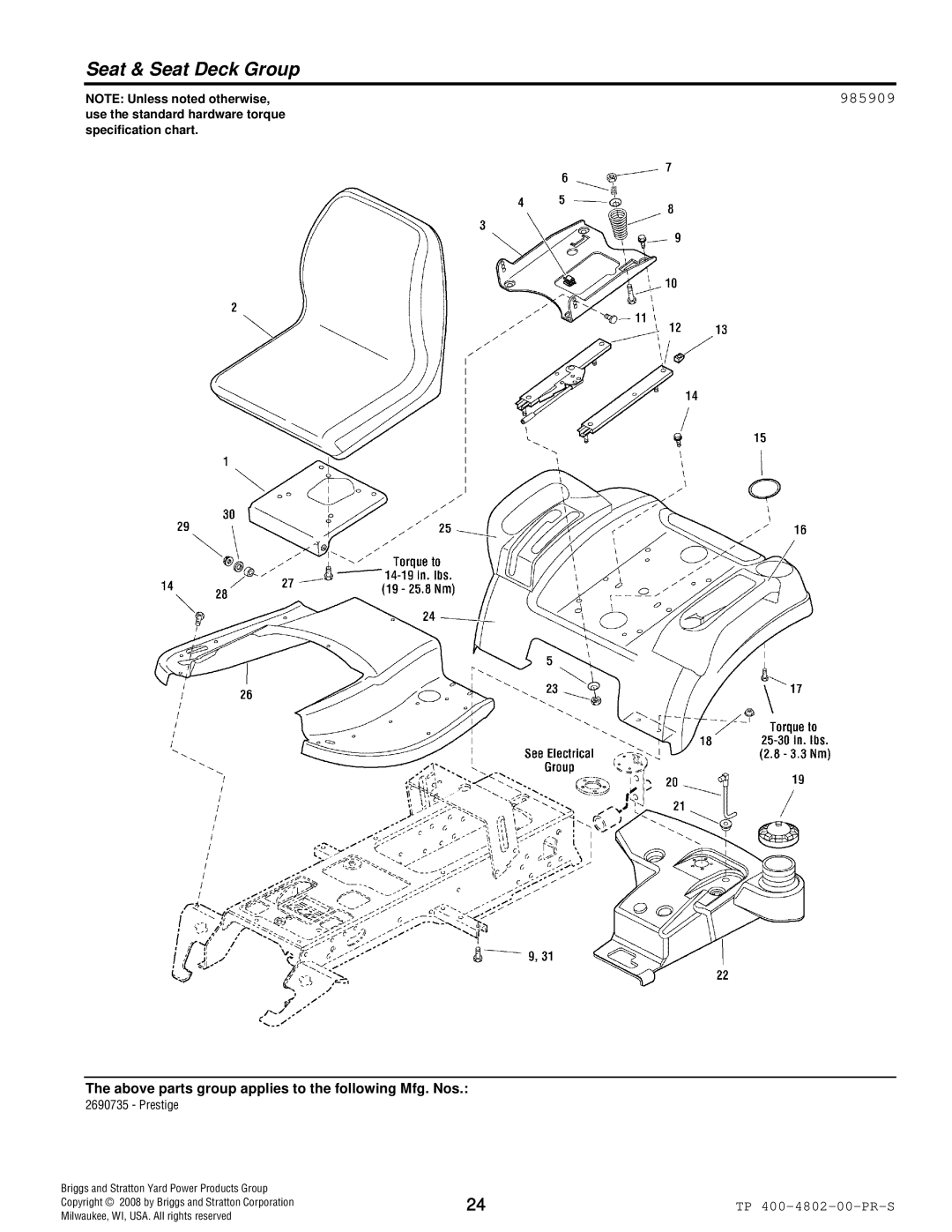 Snapper 4WD Series manual Seat & Seat Deck Group, 985909 