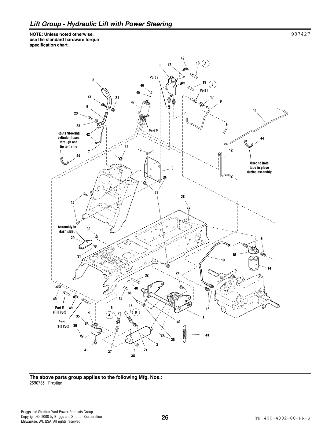 Snapper 4WD Series manual Lift Group Hydraulic Lift with Power Steering, 987427 