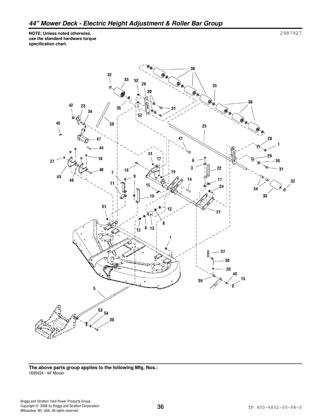 Snapper 4WD Series manual Mower Deck Electric Height Adjustment & Roller Bar Group, 2987927 