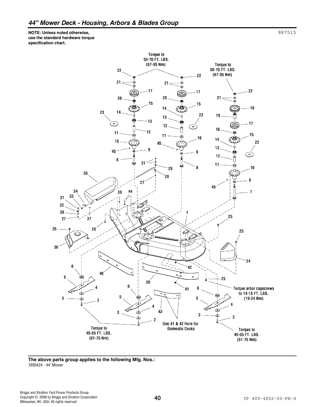 Snapper 4WD Series manual Mower Deck Housing, Arbors & Blades Group, 987515 