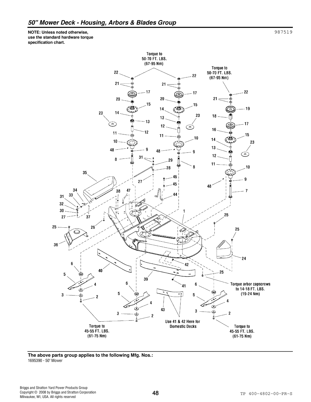 Snapper 4WD Series manual Mower Deck Housing, Arbors & Blades Group, 987519 