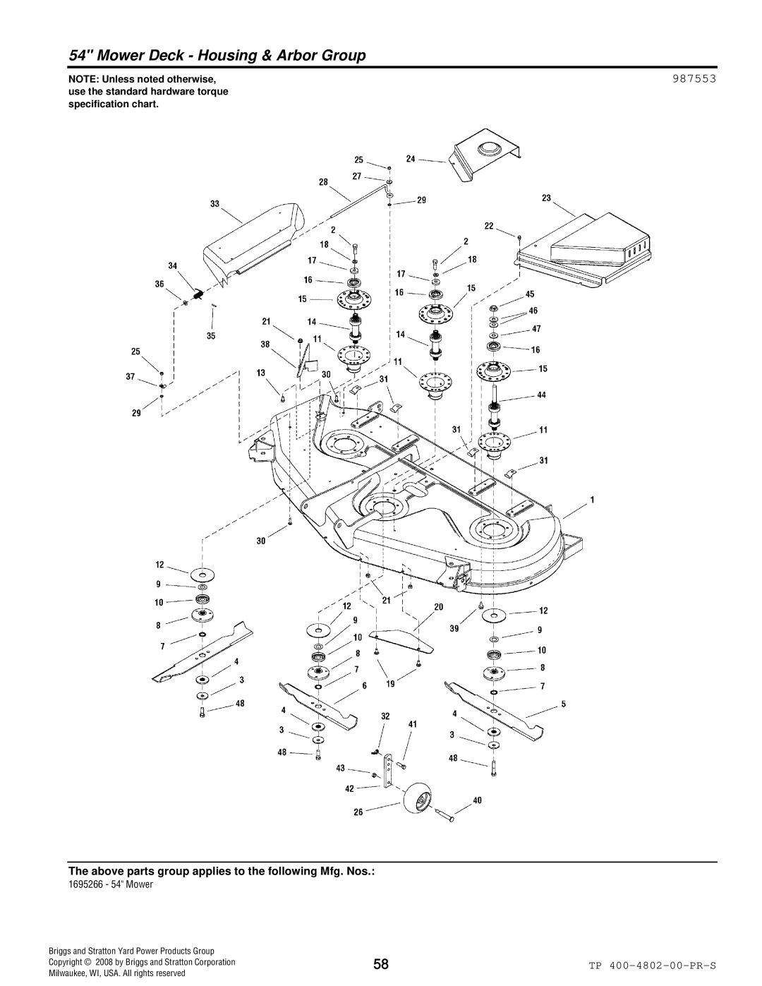 Snapper 4WD Series manual Mower Deck Housing & Arbor Group, 987553 