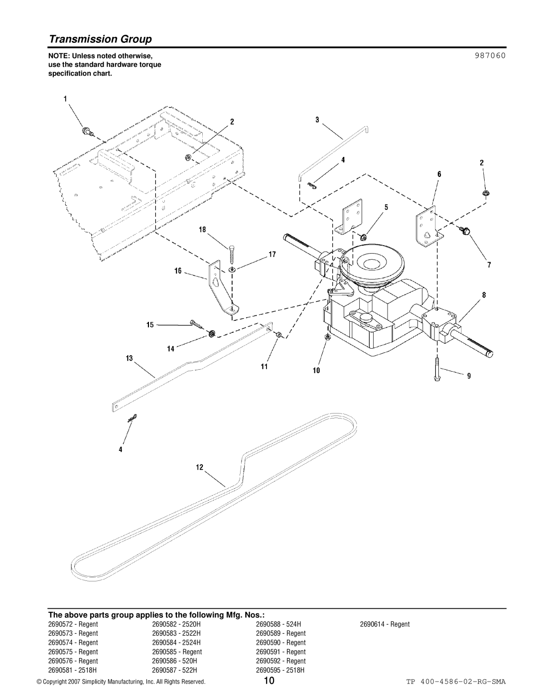 Snapper 500 Series manual Transmission Group, 987060 