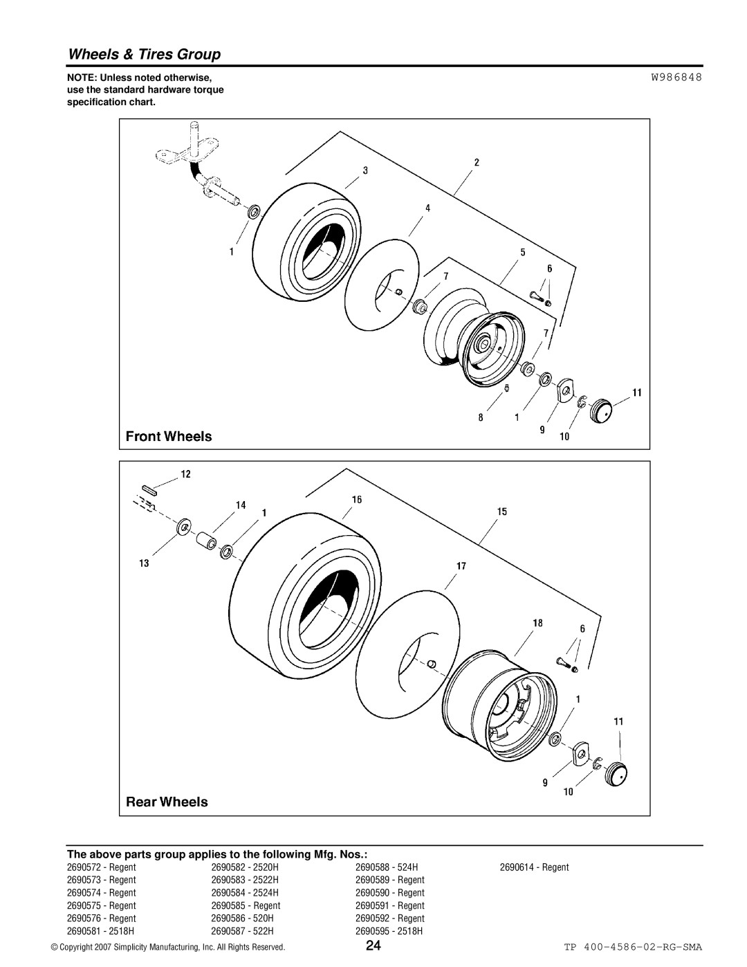 Snapper 500 Series manual Wheels & Tires Group, W986848 