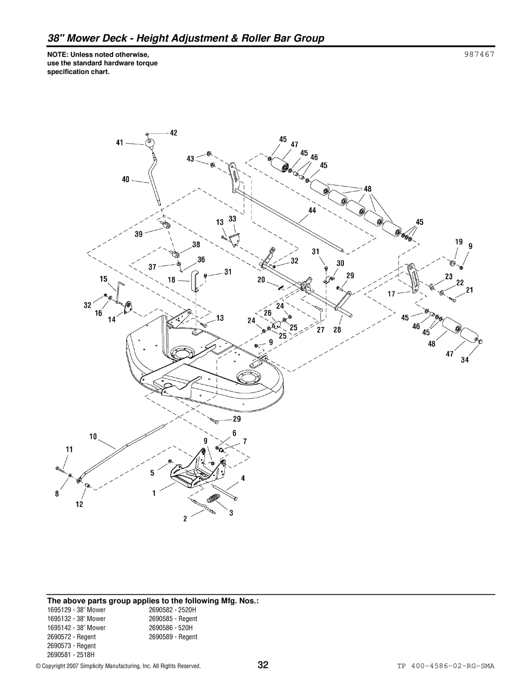 Snapper 500 Series manual Mower Deck Height Adjustment & Roller Bar Group, 987467 