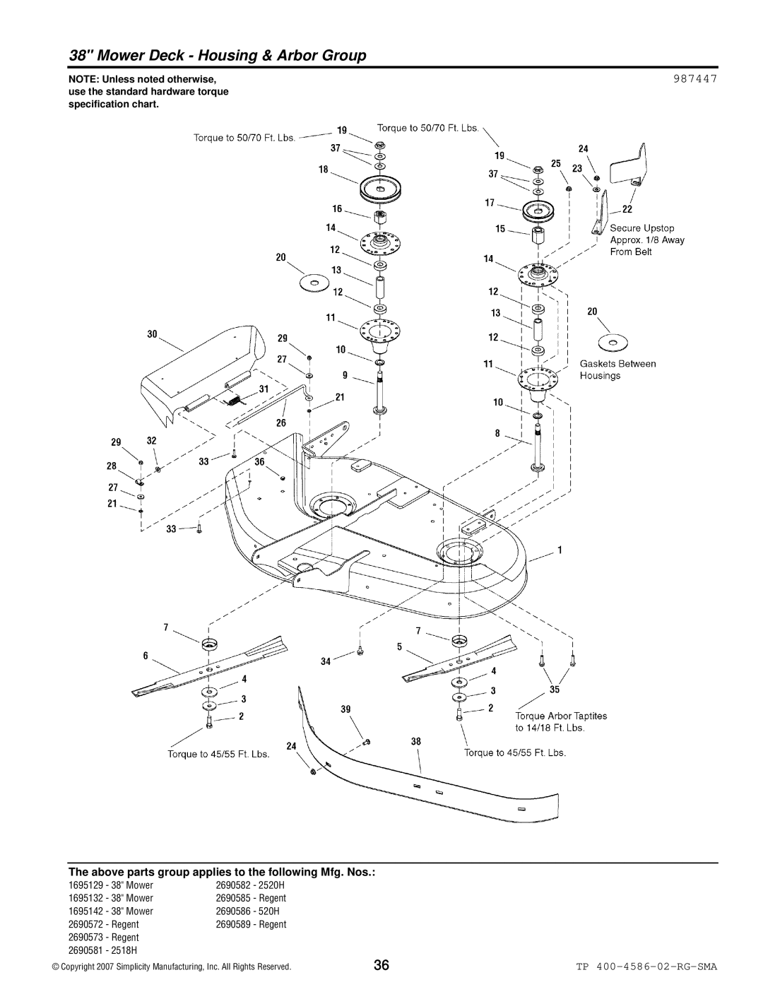 Snapper 500 Series manual Mower Deck Housing & Arbor Group, 987447 