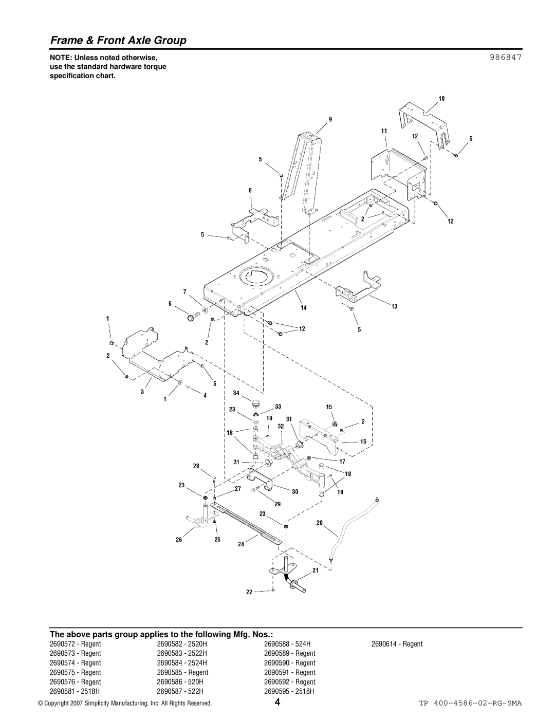 Snapper 500 Series manual Frame & Front Axle Group, 986847 