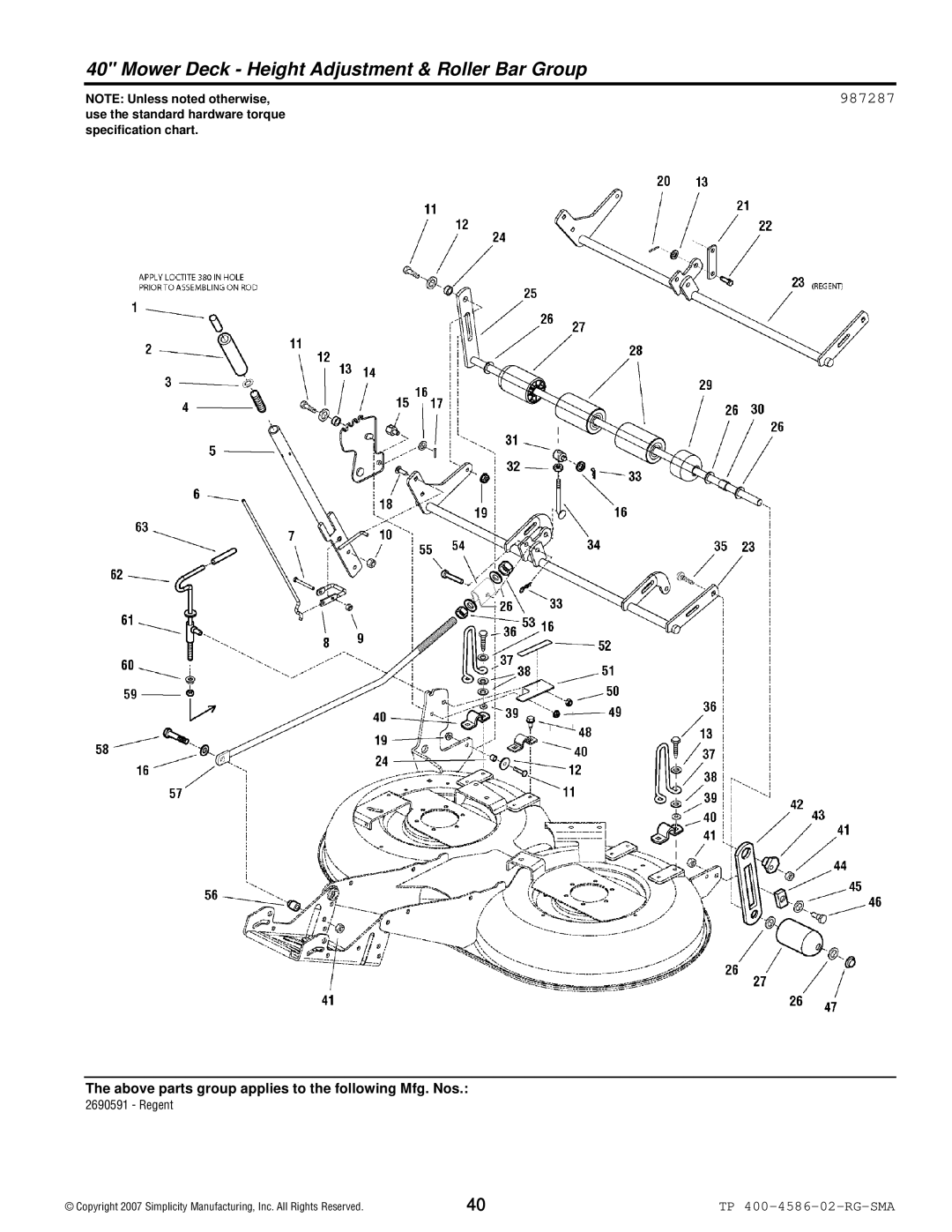 Snapper 500 Series manual Mower Deck Height Adjustment & Roller Bar Group, 987287 