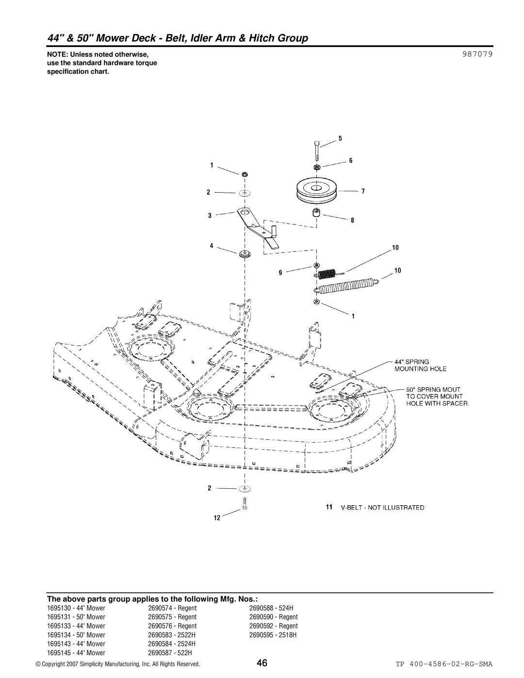Snapper 500 Series manual 44 & 50 Mower Deck Belt, Idler Arm & Hitch Group, 987079 