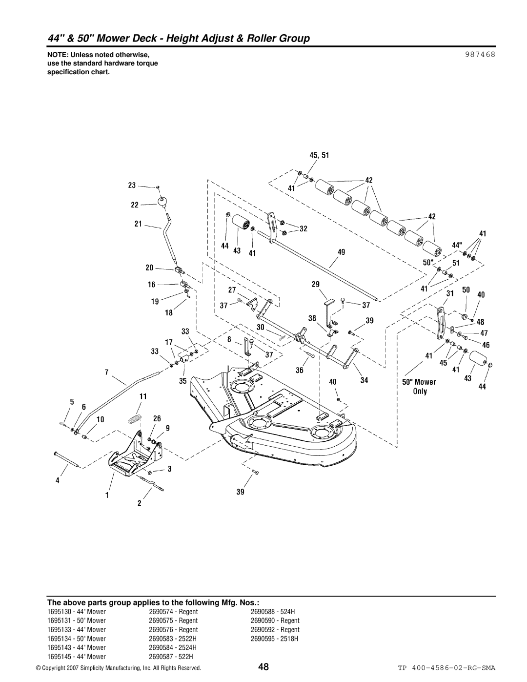 Snapper 500 Series manual 44 & 50 Mower Deck Height Adjust & Roller Group, 987468 