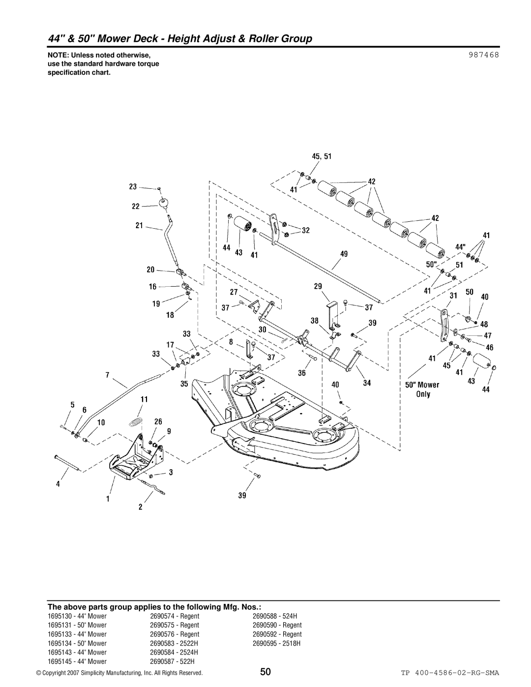 Snapper 500 Series manual 44 & 50 Mower Deck Height Adjust & Roller Group 