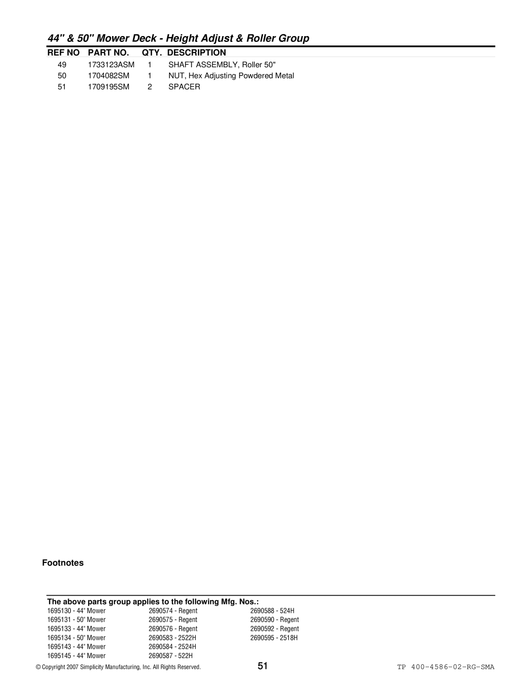 Snapper 500 Series manual Spacer 