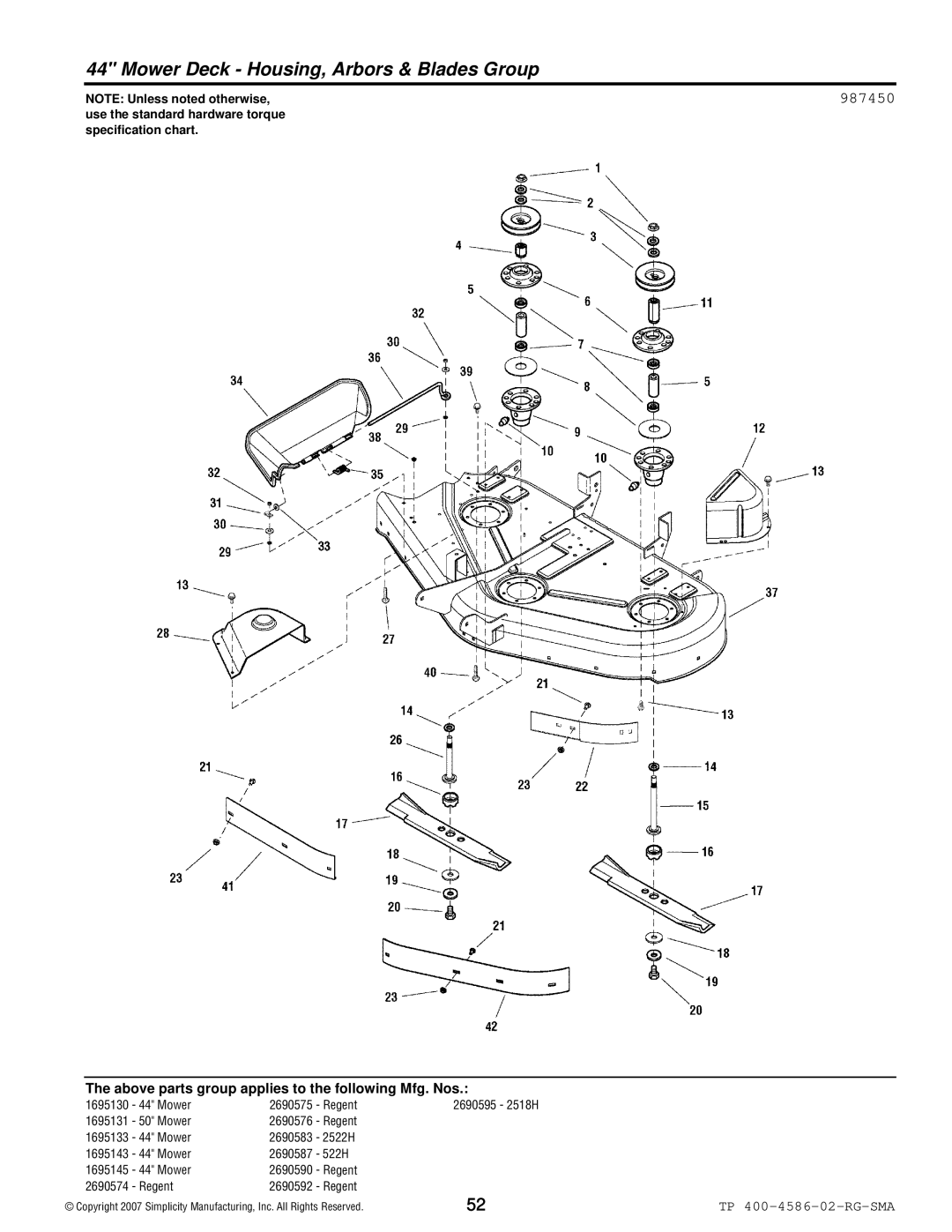 Snapper 500 Series manual Mower Deck Housing, Arbors & Blades Group, 987450 