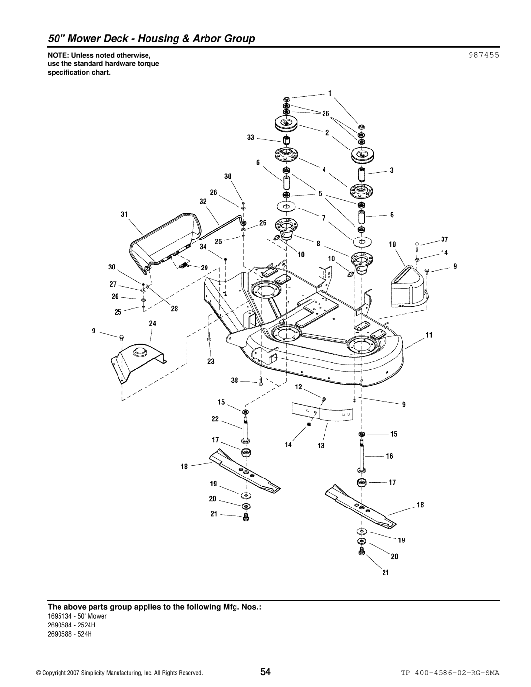 Snapper 500 Series manual Mower Deck Housing & Arbor Group, 987455 