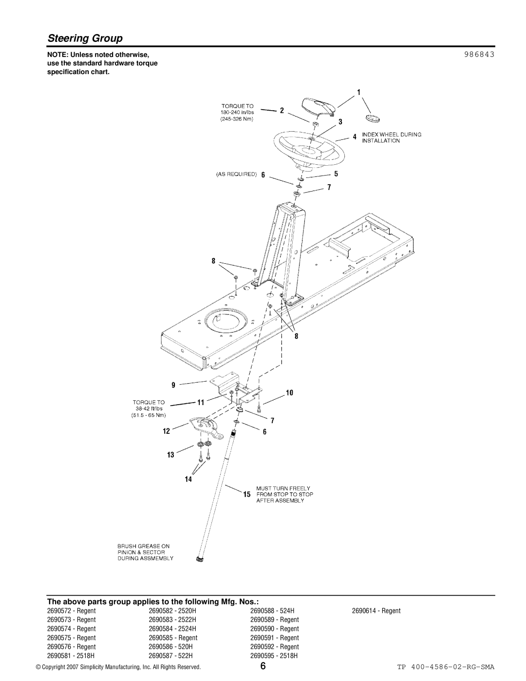 Snapper 500 Series manual Steering Group, 986843 