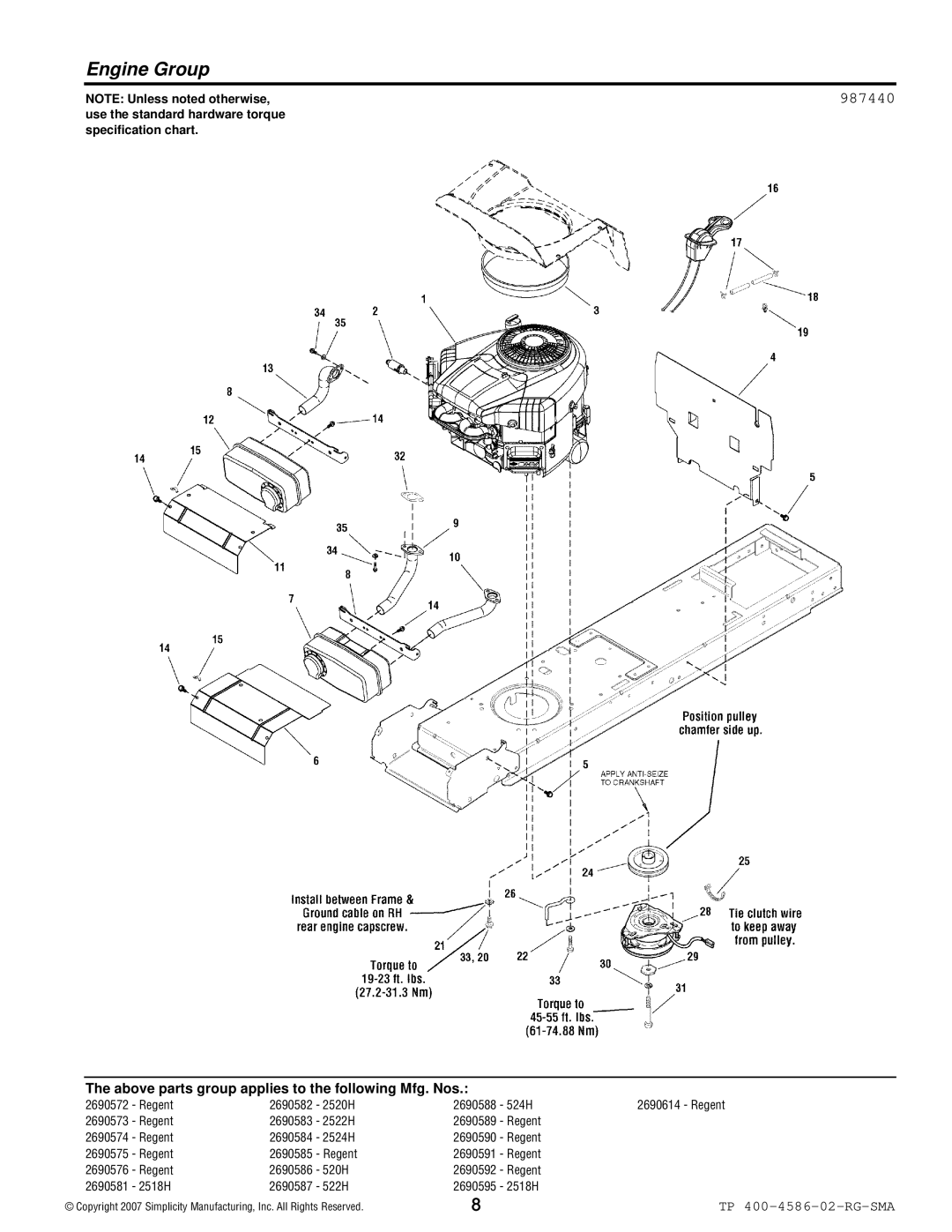 Snapper 500 Series manual Engine Group, 987440 