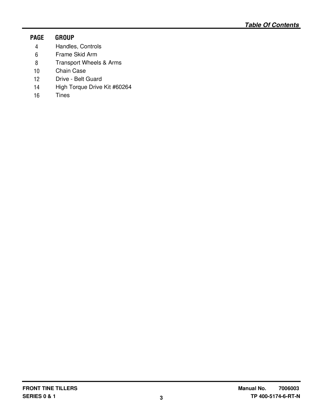 Snapper 500TRC manual Table Of Contents 