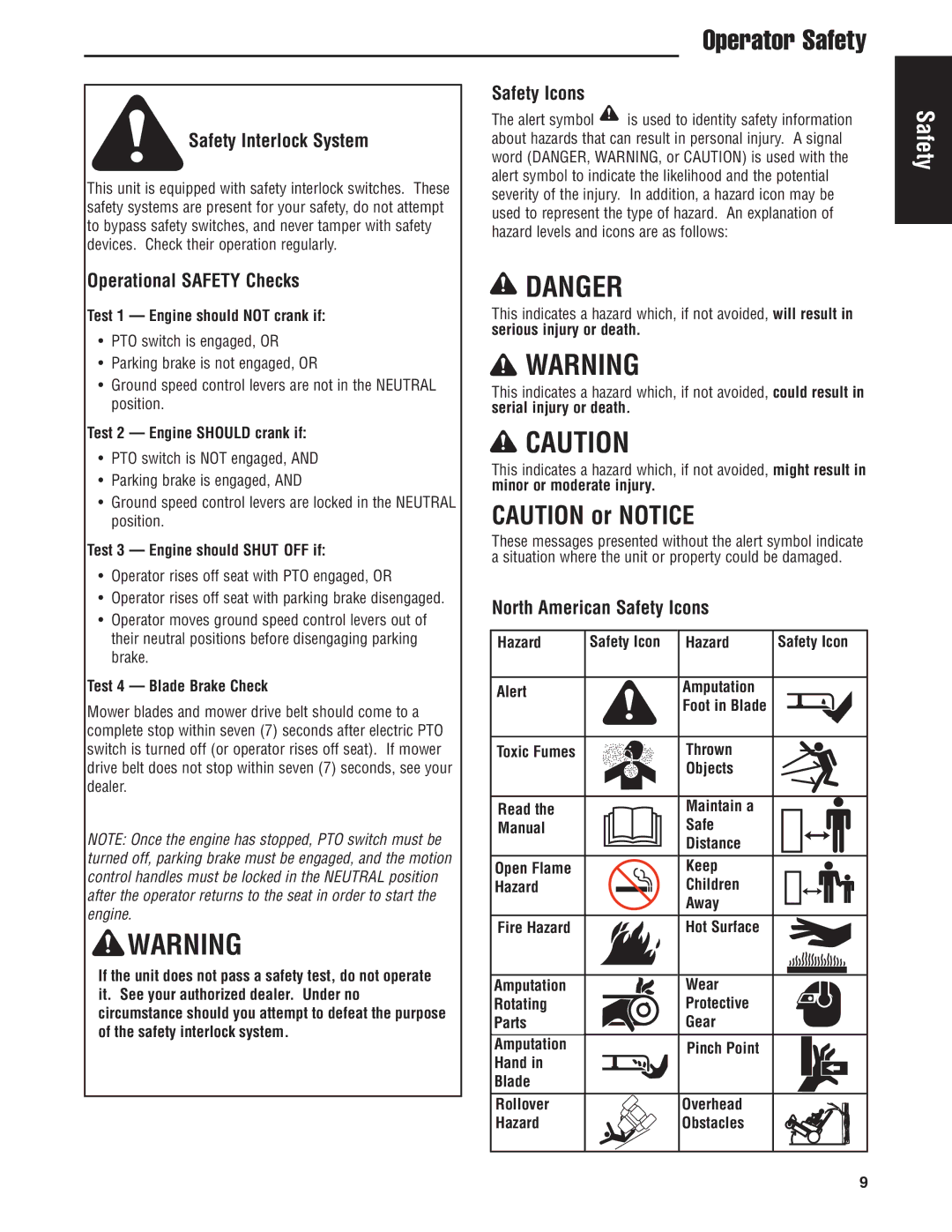 Snapper 500Z manual Safety Interlock System, Operational Safety Checks, North American Safety Icons 