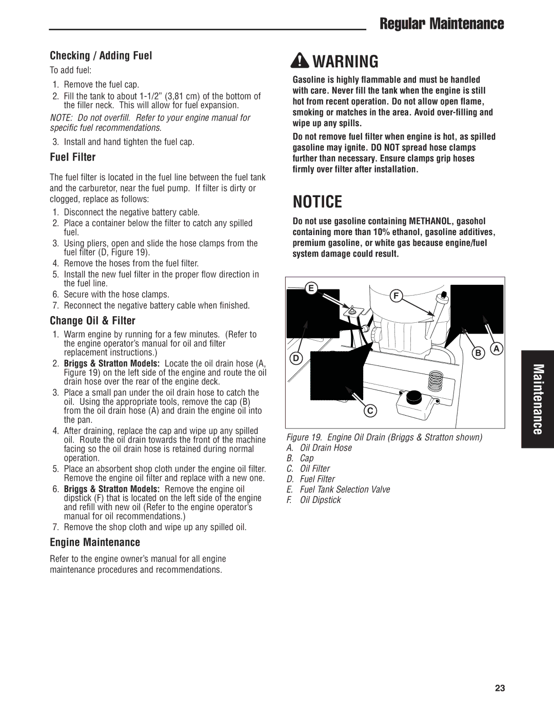 Snapper 500Z manual Checking / Adding Fuel, Fuel Filter, Change Oil & Filter, Engine Maintenance 