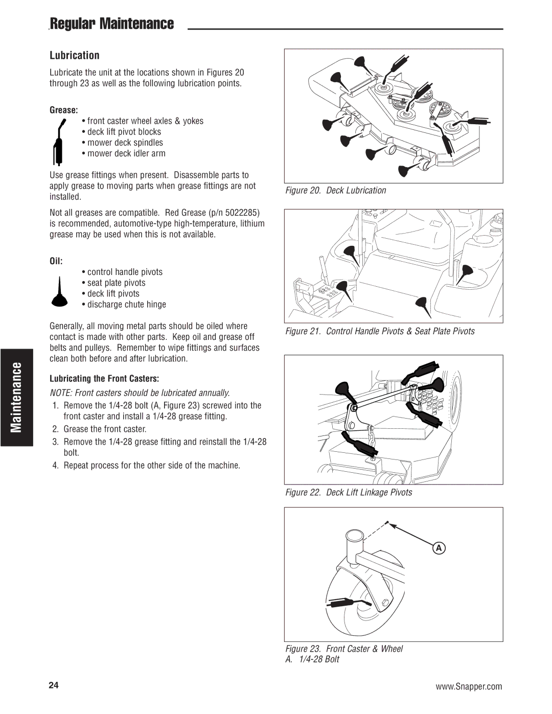 Snapper 500Z manual Lubrication, Grease, Oil, Lubricating the Front Casters 