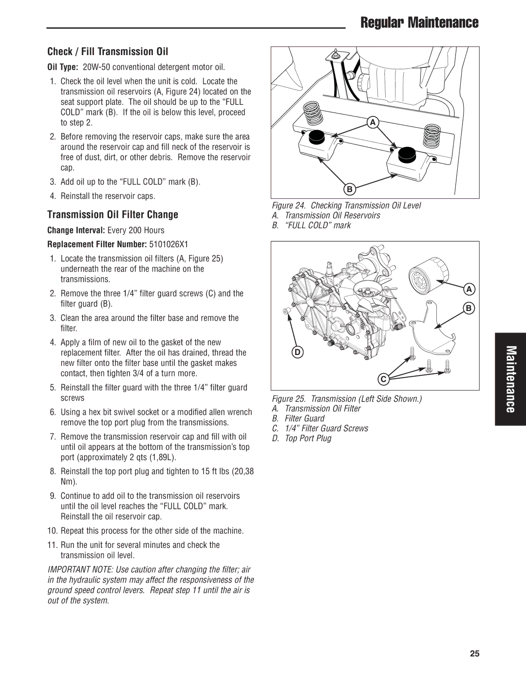 Snapper 500Z manual Check / Fill Transmission Oil, Transmission Oil Filter Change 