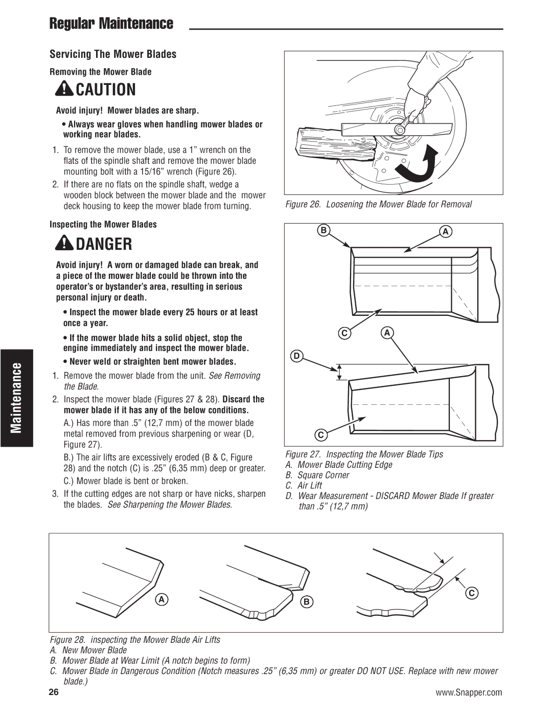 Snapper 500Z manual Servicing The Mower Blades, Inspecting the Mower Blades, Never weld or straighten bent mower blades 