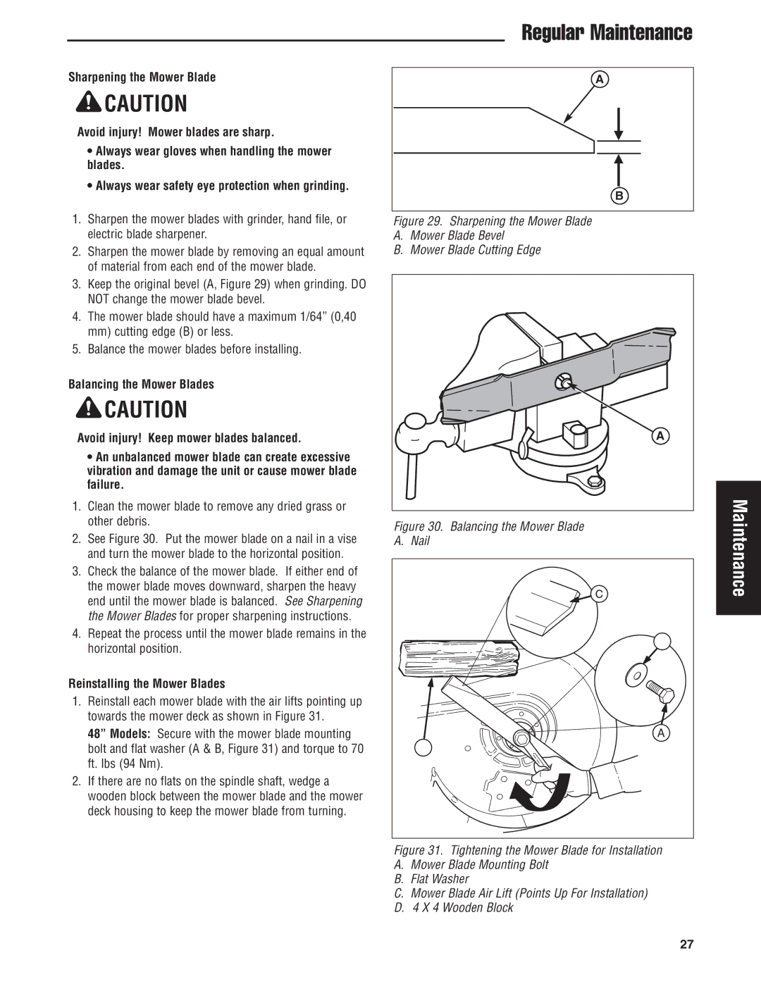 Snapper 500Z manual Reinstalling the Mower Blades, Balancing the Mower Blade Nail 