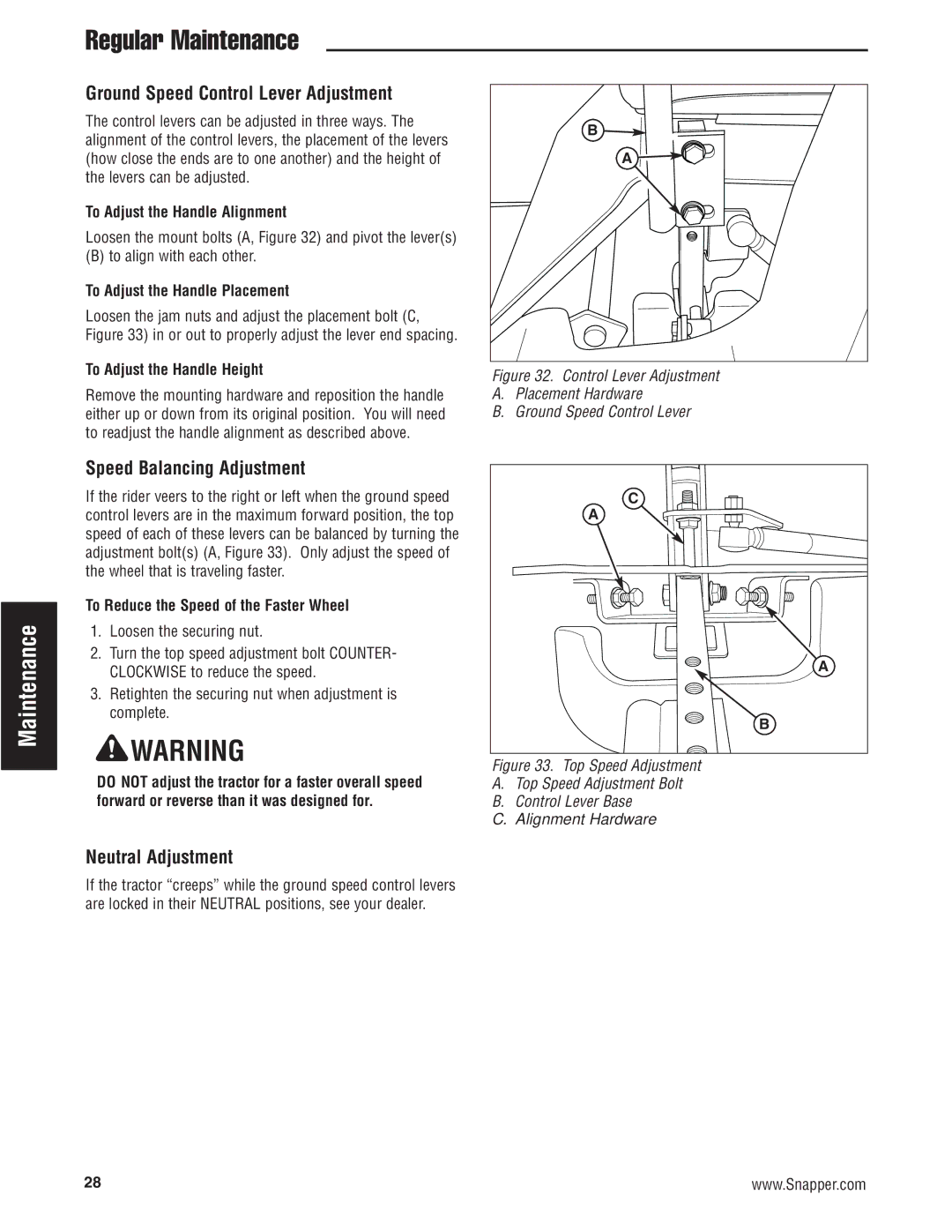 Snapper 500Z manual Ground Speed Control Lever Adjustment, Speed Balancing Adjustment, Neutral Adjustment 