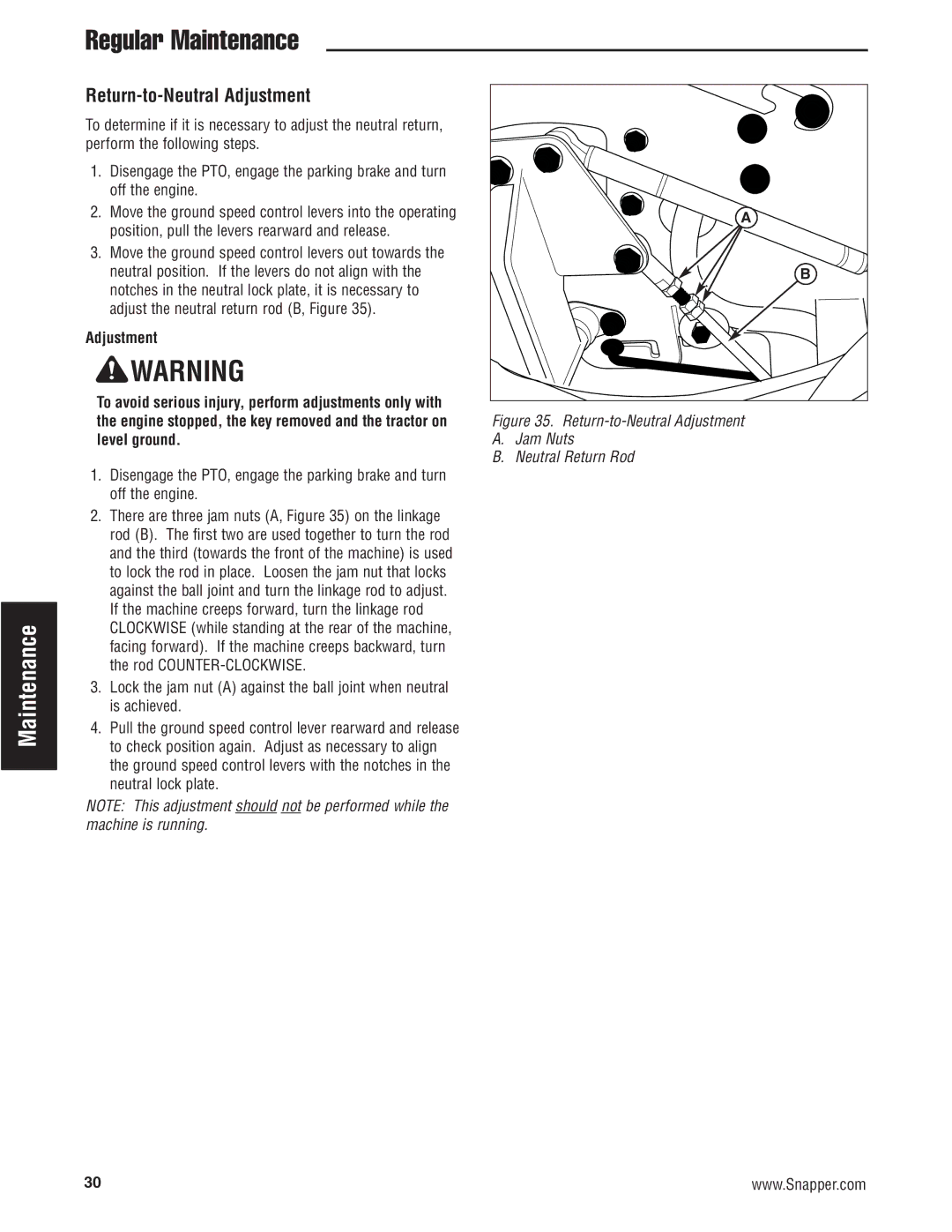 Snapper 500Z manual Return-to-Neutral Adjustment Jam Nuts Neutral Return Rod 