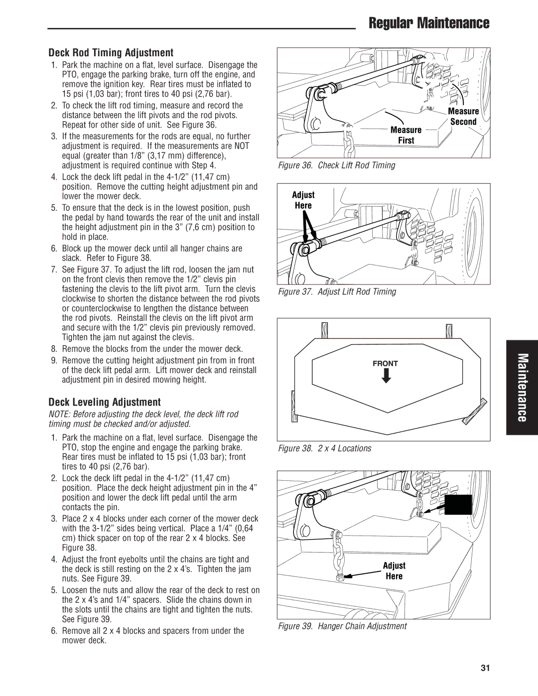 Snapper 500Z Deck Rod Timing Adjustment, Deck Leveling Adjustment, Adjustment is required continue with Step, Mower deck 