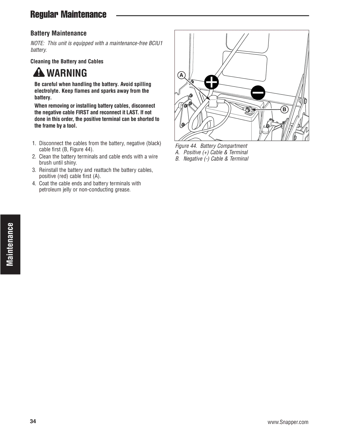 Snapper 500Z manual Battery Maintenance, Battery Compartment 