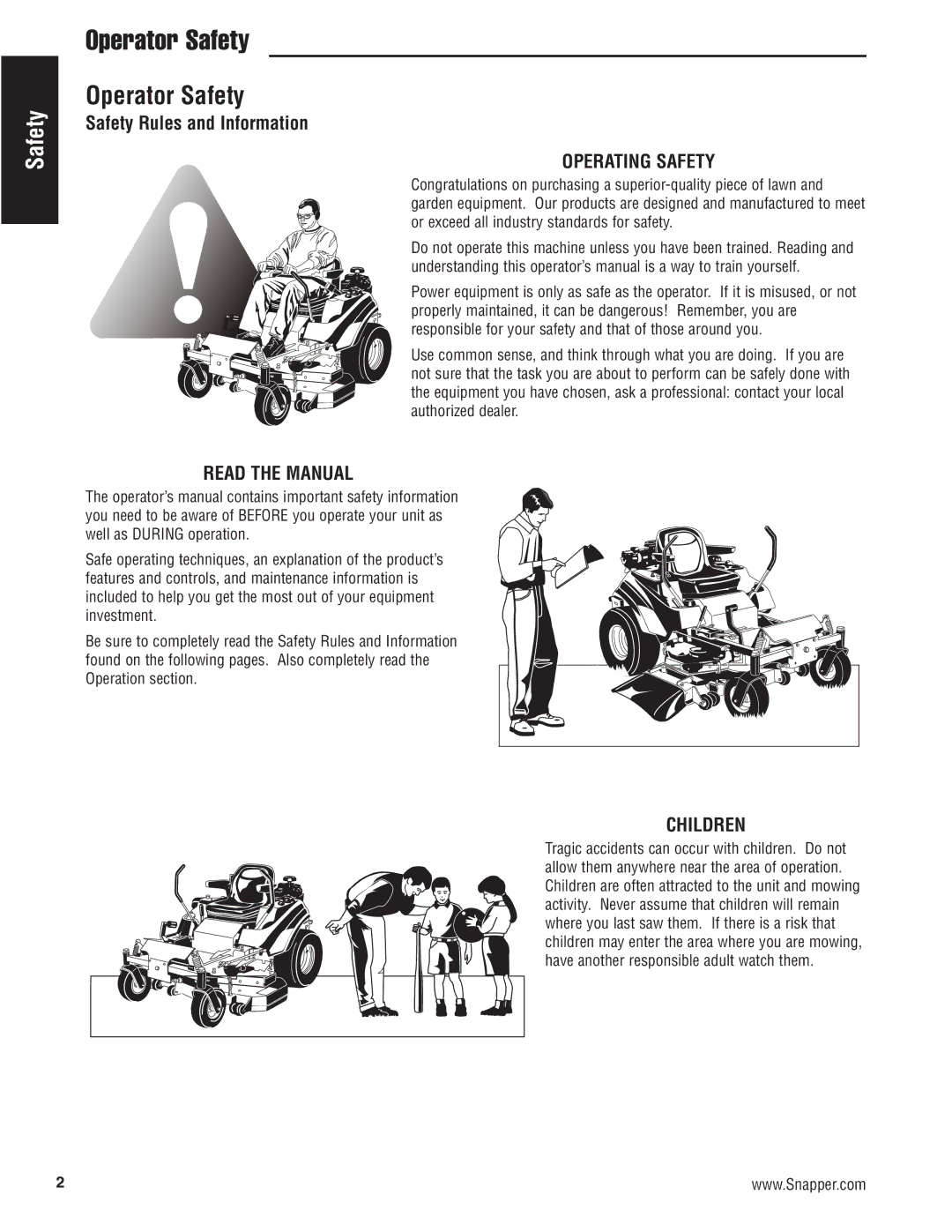 Snapper 500Z manual Operator Safety, Operating Safety, Read the Manual, Children 